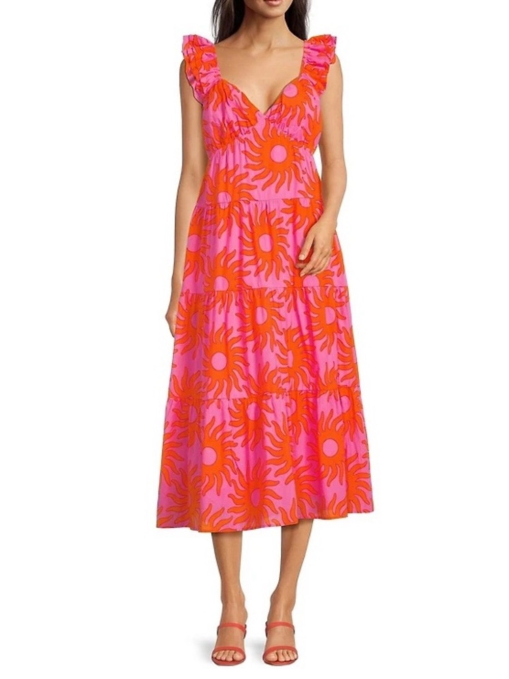 J.Marie Mara Ruffle Strap Tie Back Pink Orange Sun Print Cotton Midi Dress NWT - Picture 14 of 16